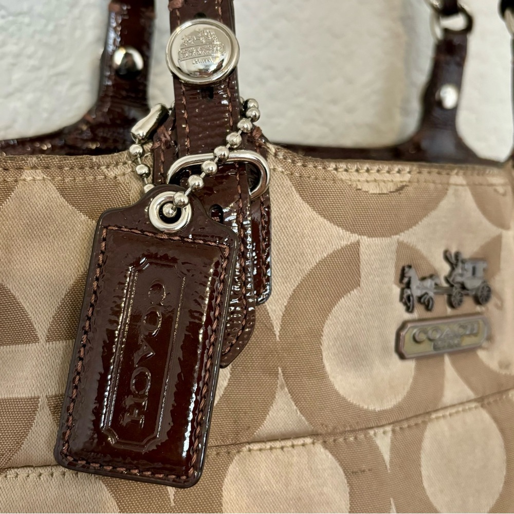 Coach Canvas Leather Tote Madison Tribeca Op Art Small Gold Tan Brown Pink Satin - Picture 6 of 15